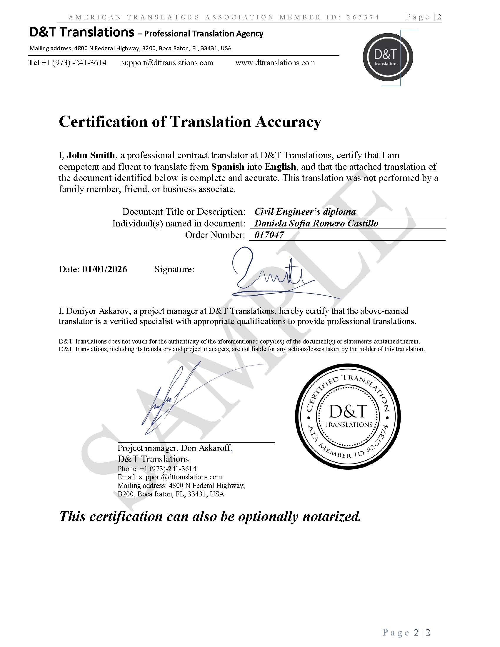 Sample certification of translation accuracy page